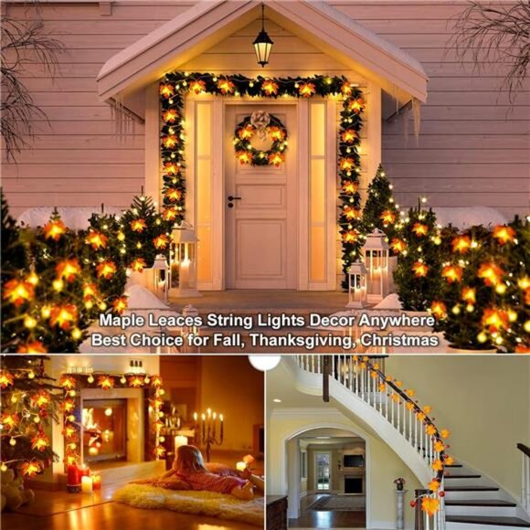 32Ft Fall Decor Lighted Maple Leaf Garlands Thanksgiving Halloween Fall - Picture 7 of 8